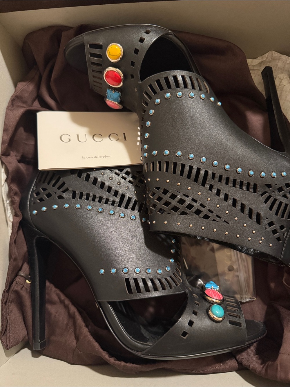 Gucci Black Leather Cutout High Heels with Turquoise, Red & Yellow Stones